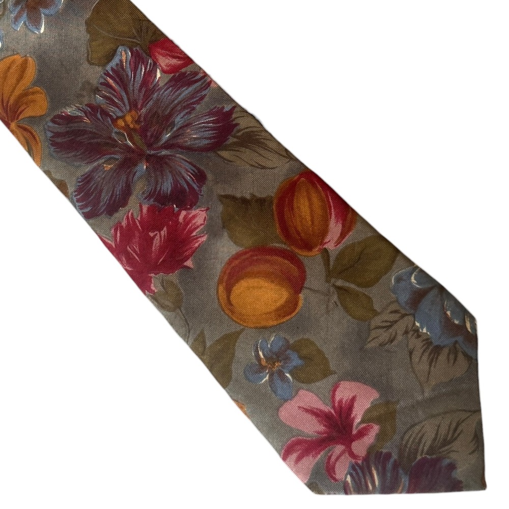 Halston III Silk Tie Gray Floral Fruit Botanical Print Italian Silk Mens Necktie